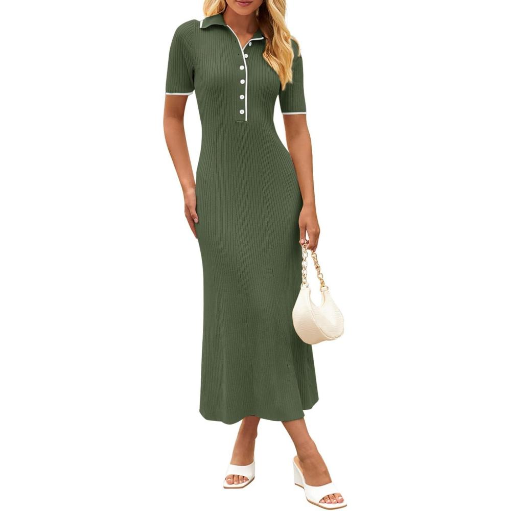 imageMEROKEETY Womens 2026 Spring Ribbed Maxi Dress Summer V Neck Button Short Sleeve Slim Fit Bodycon Knit Sweater DressesArmygreen