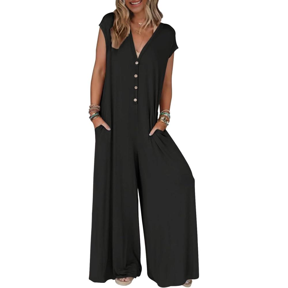 imageMEROKEETY Womens 2026 Summer Cap Sleeve Jumpsuits Dressy Casual Deep V Neck Button Onesie Wide Leg Pants RompersBlack