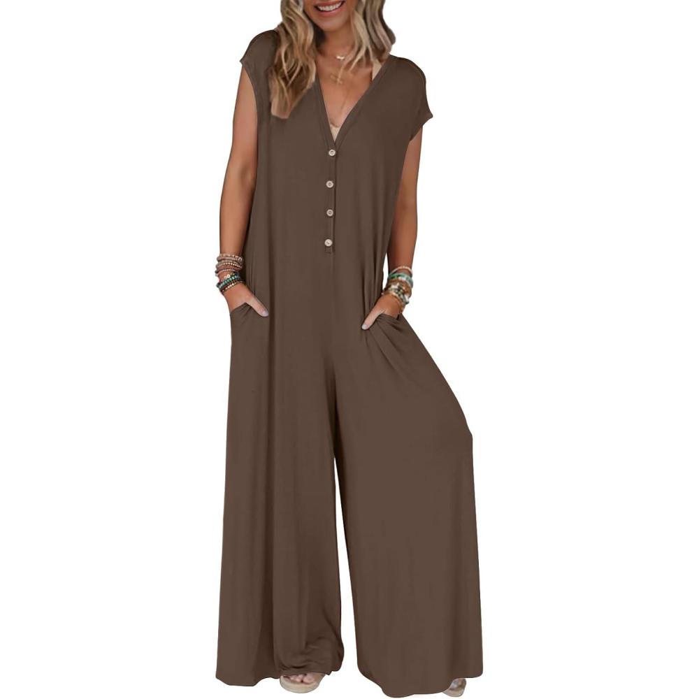 imageMEROKEETY Womens 2026 Summer Cap Sleeve Jumpsuits Dressy Casual Deep V Neck Button Onesie Wide Leg Pants RompersCoffee