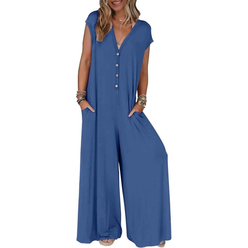 imageMEROKEETY Womens 2026 Summer Cap Sleeve Jumpsuits Dressy Casual Deep V Neck Button Onesie Wide Leg Pants RompersDark Blue
