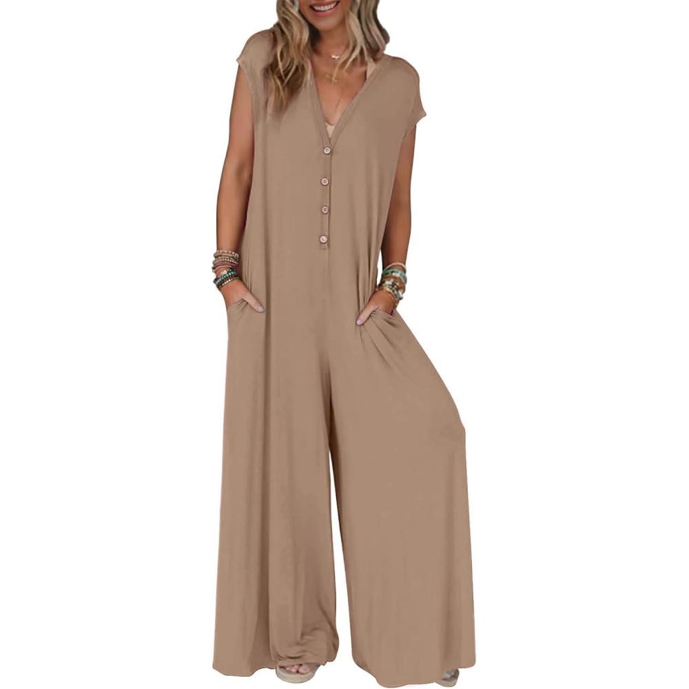 imageMEROKEETY Womens 2026 Summer Cap Sleeve Jumpsuits Dressy Casual Deep V Neck Button Onesie Wide Leg Pants RompersKhaki