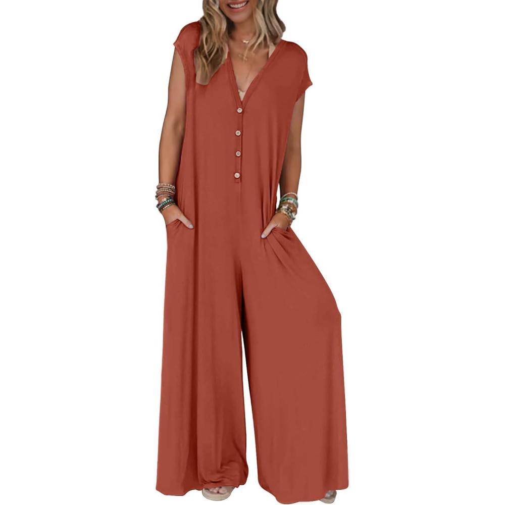 imageMEROKEETY Womens 2026 Summer Cap Sleeve Jumpsuits Dressy Casual Deep V Neck Button Onesie Wide Leg Pants RompersRust