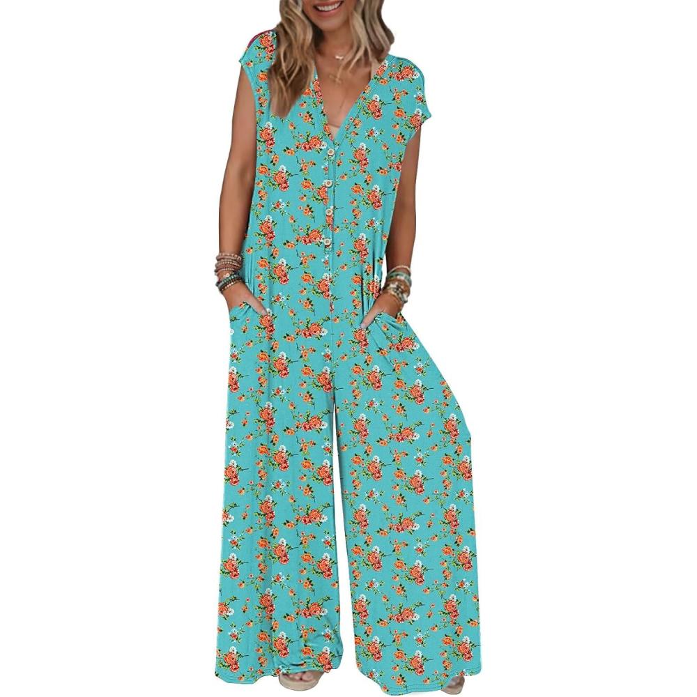 imageMEROKEETY Womens 2026 Summer Cap Sleeve Jumpsuits Dressy Casual Deep V Neck Button Onesie Wide Leg Pants RompersSagefloral