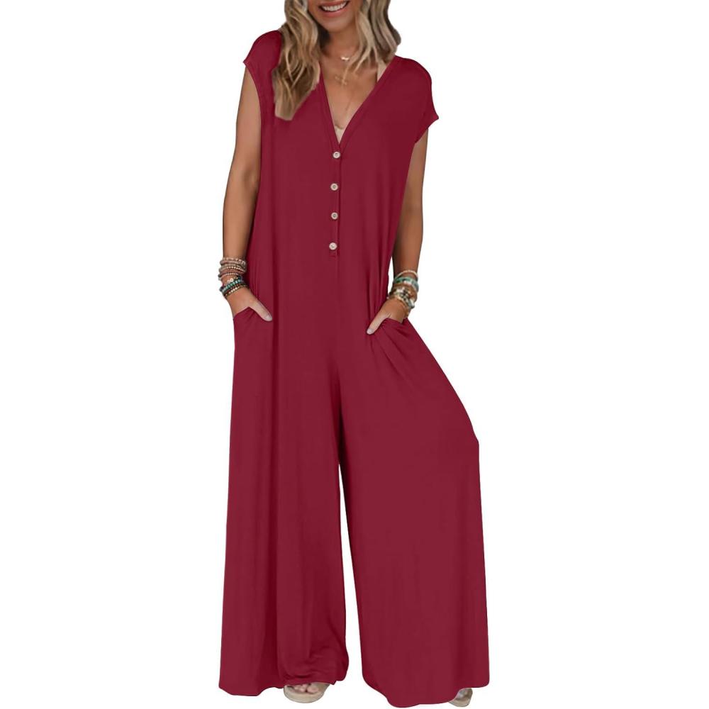 imageMEROKEETY Womens 2026 Summer Cap Sleeve Jumpsuits Dressy Casual Deep V Neck Button Onesie Wide Leg Pants RompersWine