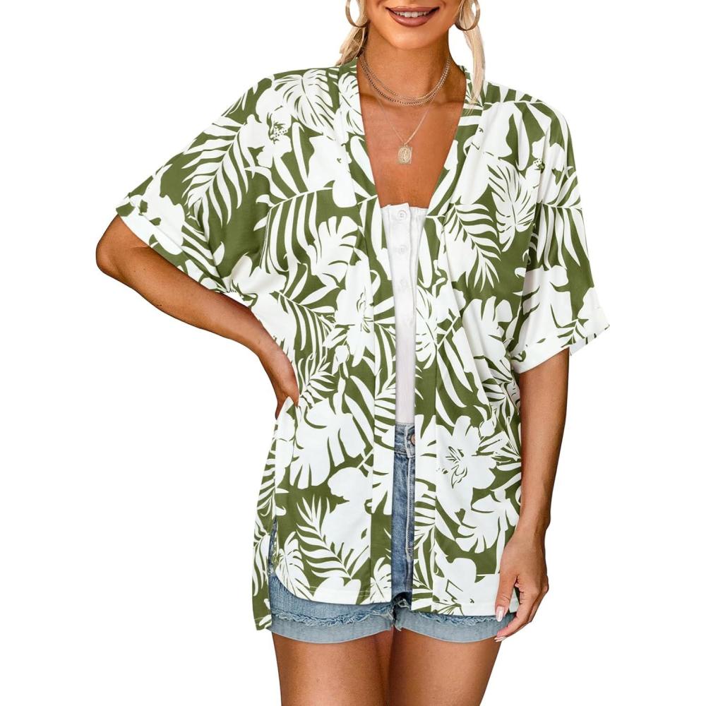 imageMEROKEETY Womens 2026 Summer Lightweight Kimono Cardigan Short Sleeve Open Front Casual Loose Trendy Beach Cover UpsArmy Green