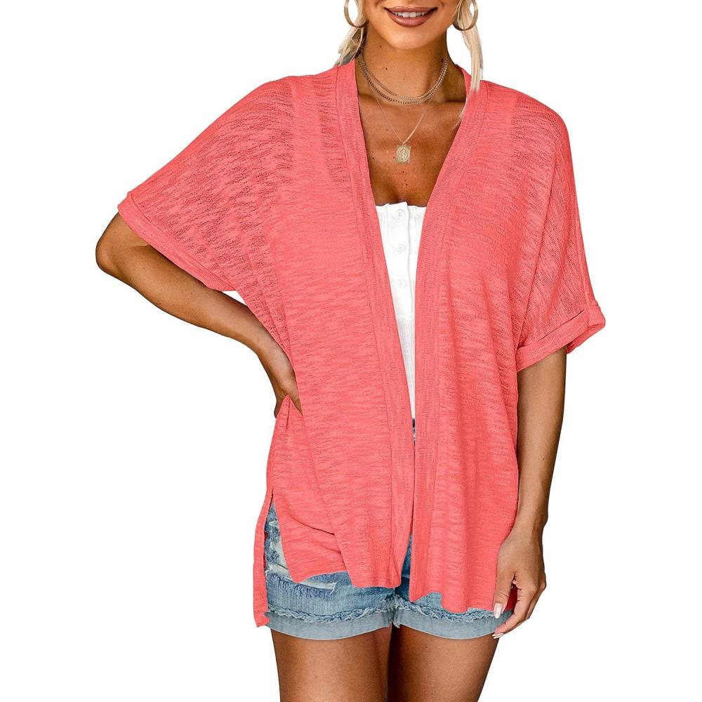 imageMEROKEETY Womens 2026 Summer Lightweight Kimono Cardigan Short Sleeve Open Front Casual Loose Trendy Beach Cover UpsCoral