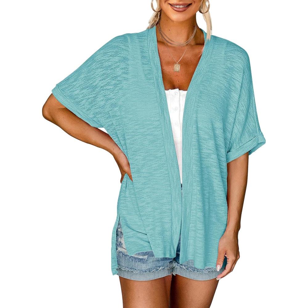 imageMEROKEETY Womens 2026 Summer Lightweight Kimono Cardigan Short Sleeve Open Front Casual Loose Trendy Beach Cover UpsLake Blue