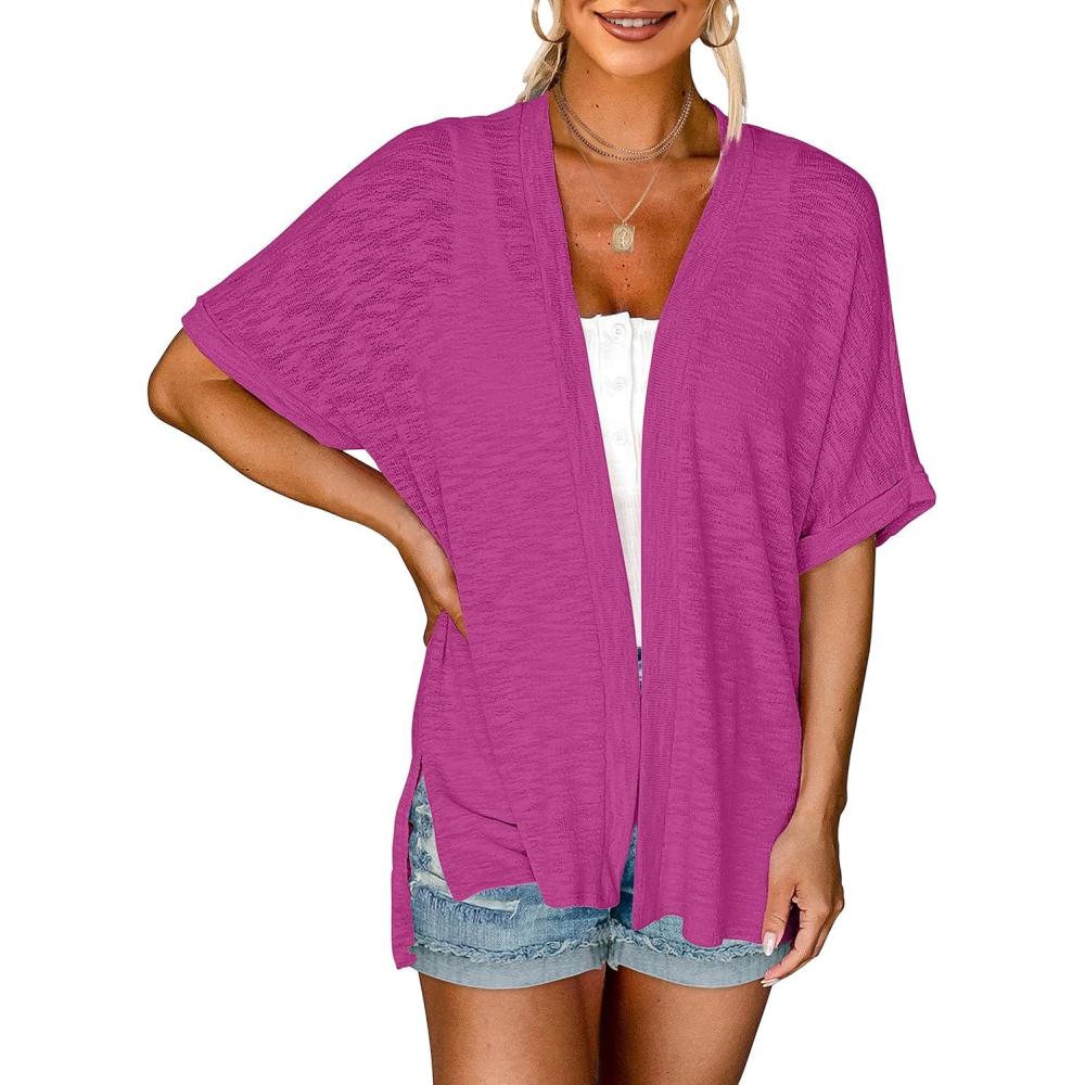imageMEROKEETY Womens 2026 Summer Lightweight Kimono Cardigan Short Sleeve Open Front Casual Loose Trendy Beach Cover UpsMagenta
