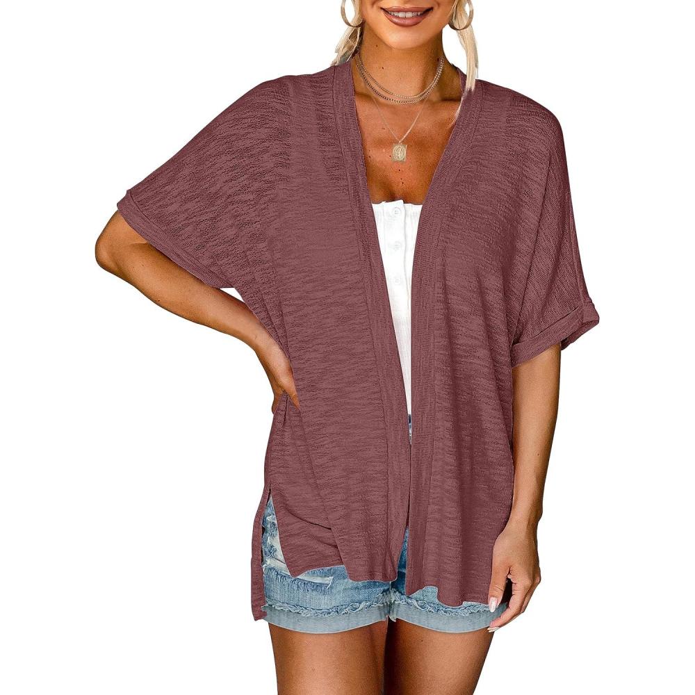 imageMEROKEETY Womens 2026 Summer Lightweight Kimono Cardigan Short Sleeve Open Front Casual Loose Trendy Beach Cover UpsMaroon