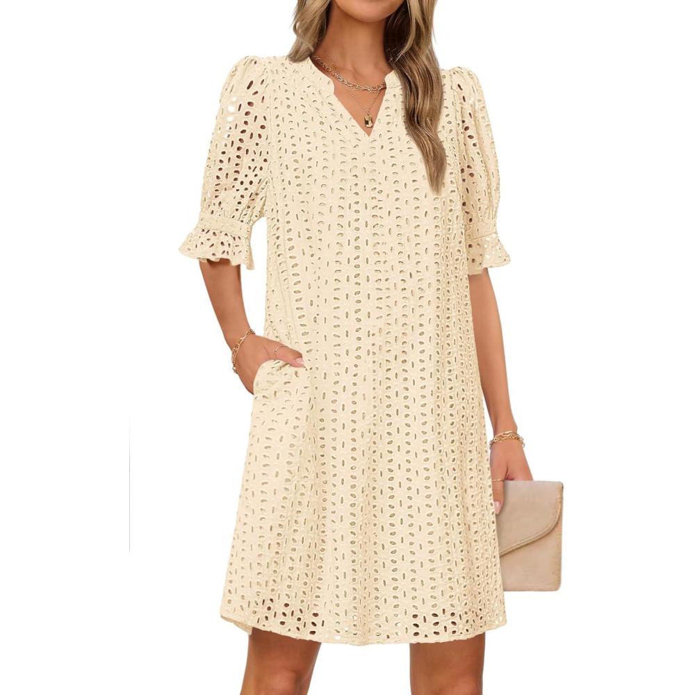imageMEROKEETY Womens 2026 Summer Short Sleeve Mini Dress V Neck Ruffle Hollow Out Eyelet Lace DressesBeige
