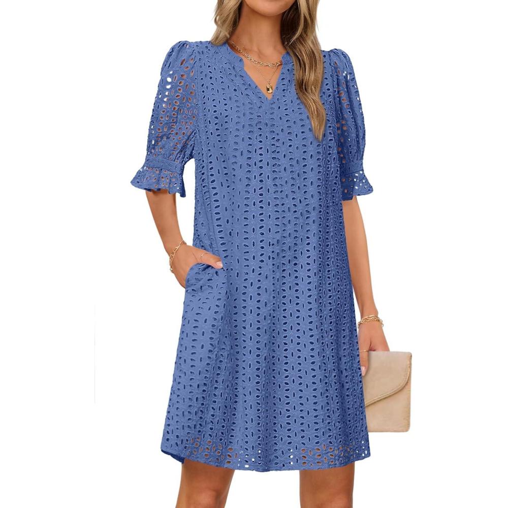 imageMEROKEETY Womens 2026 Summer Short Sleeve Mini Dress V Neck Ruffle Hollow Out Eyelet Lace DressesDusty Blue