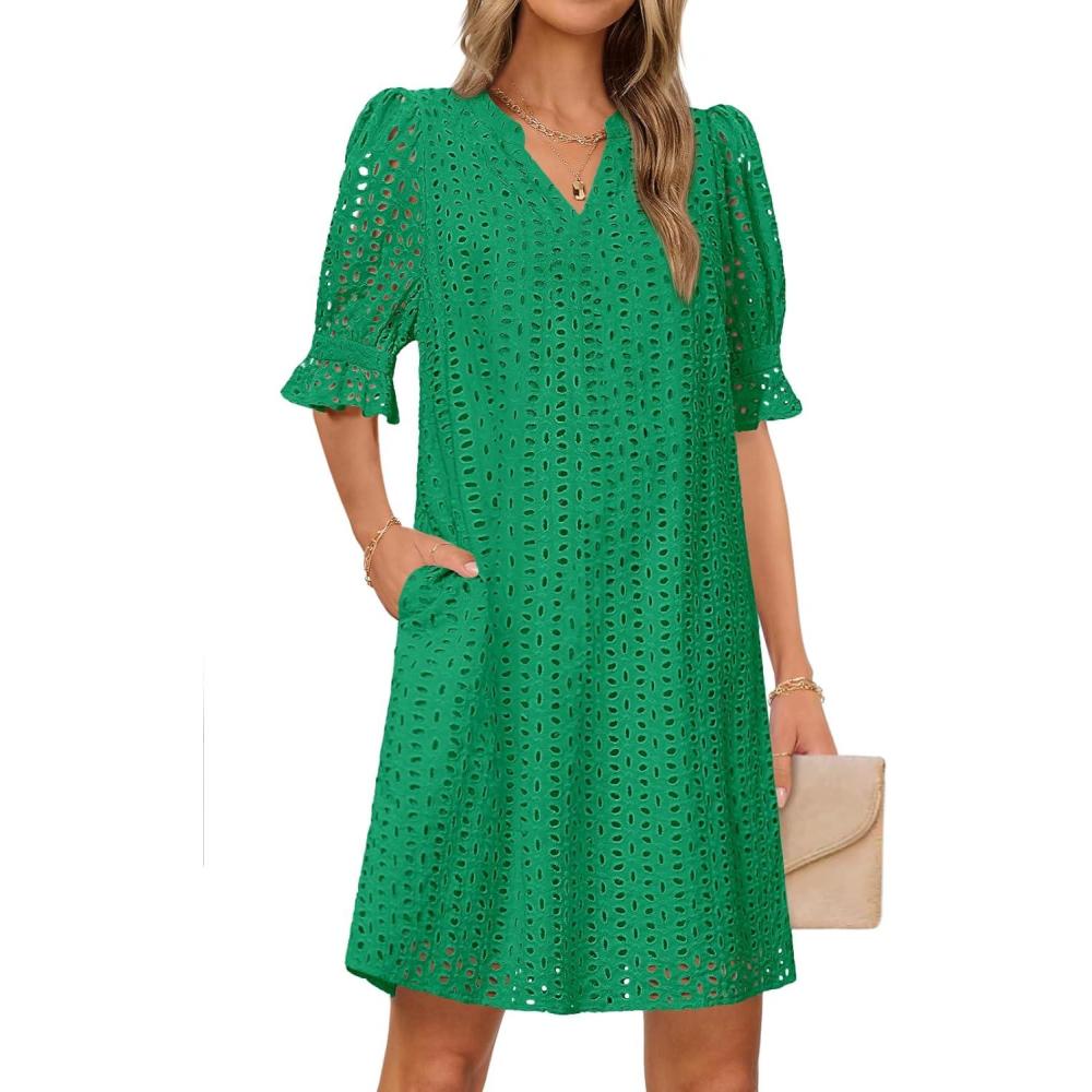 imageMEROKEETY Womens 2026 Summer Short Sleeve Mini Dress V Neck Ruffle Hollow Out Eyelet Lace DressesGreen