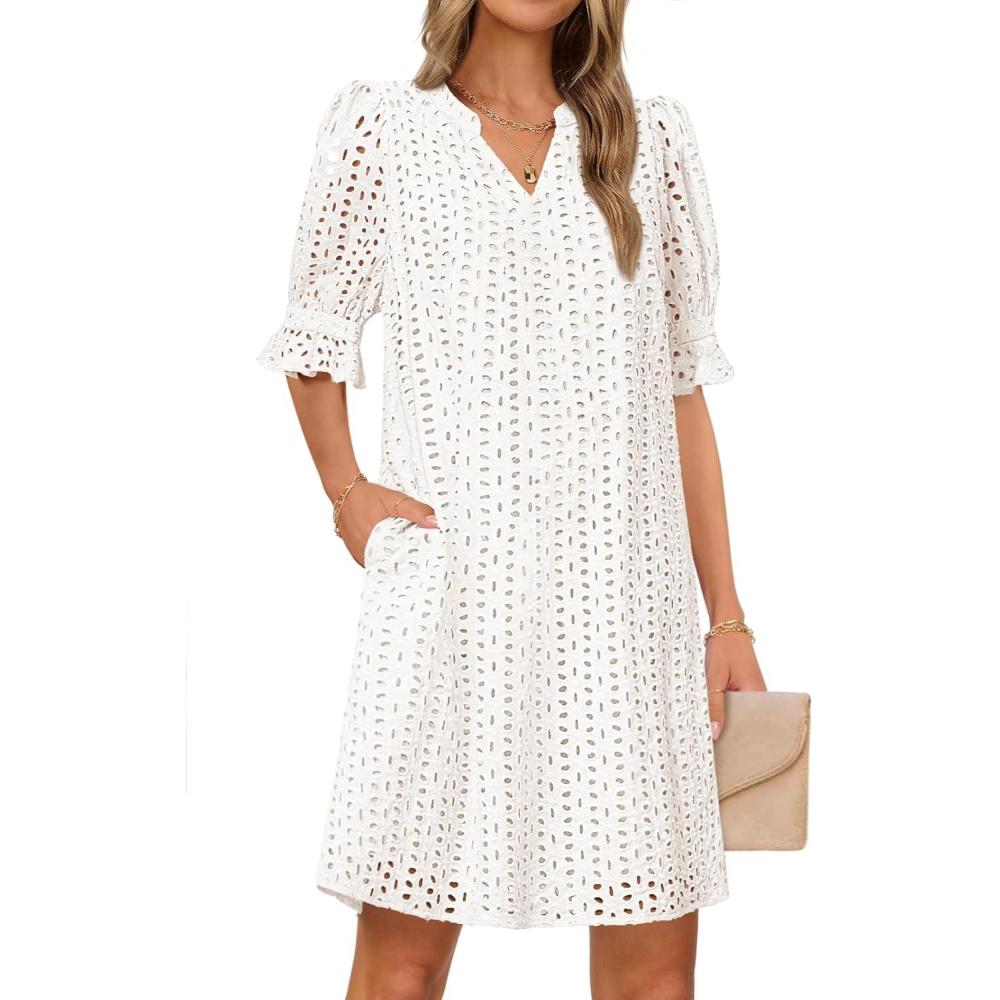 imageMEROKEETY Womens 2026 Summer Short Sleeve Mini Dress V Neck Ruffle Hollow Out Eyelet Lace DressesWhite