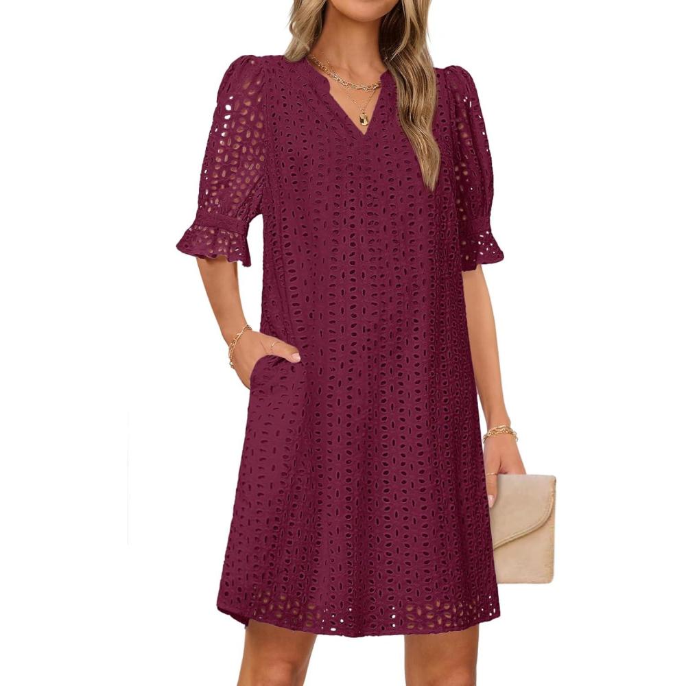 imageMEROKEETY Womens 2026 Summer Short Sleeve Mini Dress V Neck Ruffle Hollow Out Eyelet Lace DressesWine