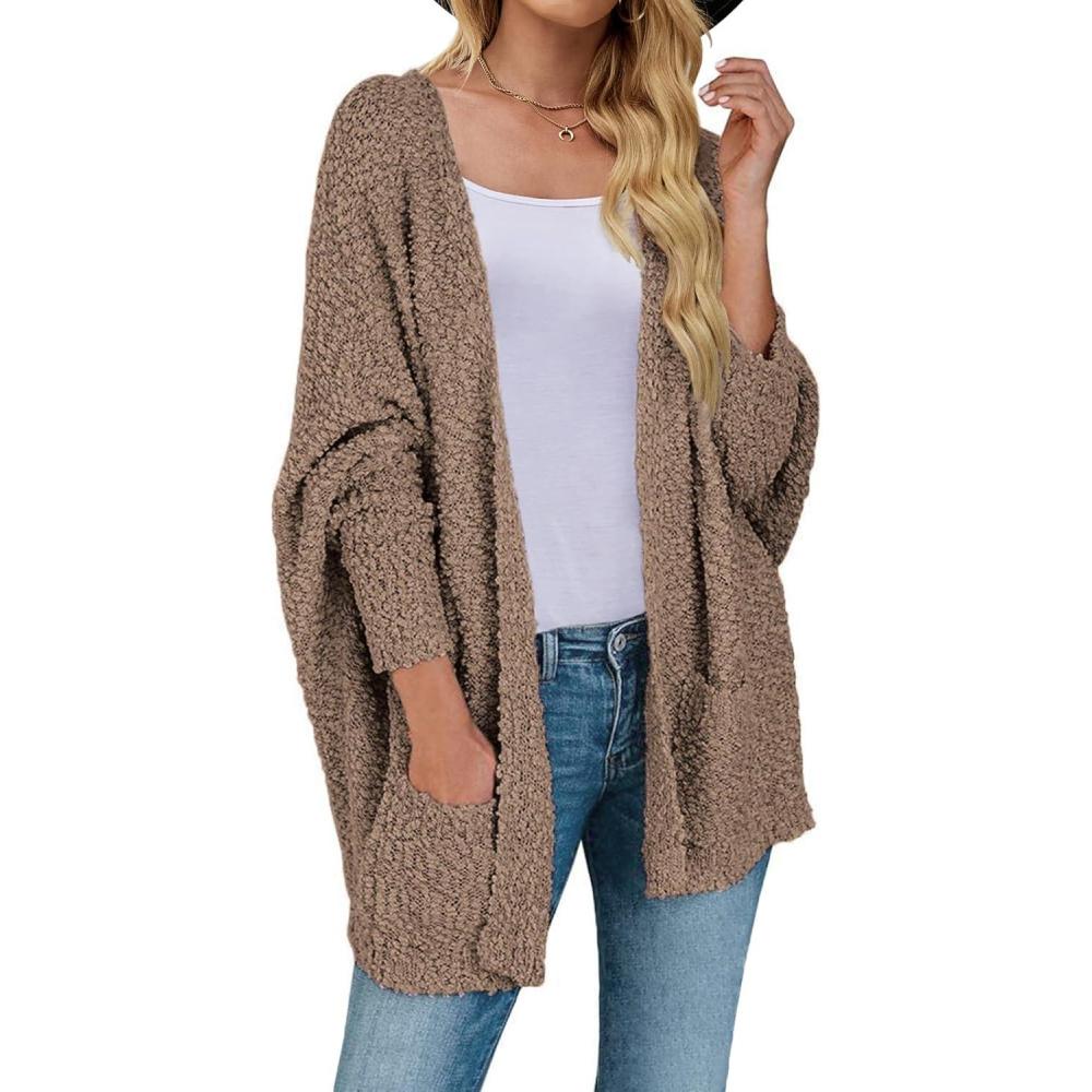 imageMEROKEETY Womens 2026 Winter Fuzzy Popcorn Batwing Sleeve Cardigan Knit Oversized Sherpa Sweater CoatMocha