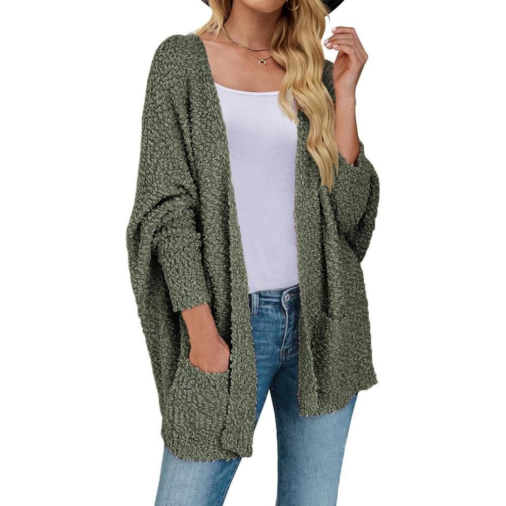 imageMEROKEETY Womens 2026 Winter Fuzzy Popcorn Batwing Sleeve Cardigan Knit Oversized Sherpa Sweater CoatOlive