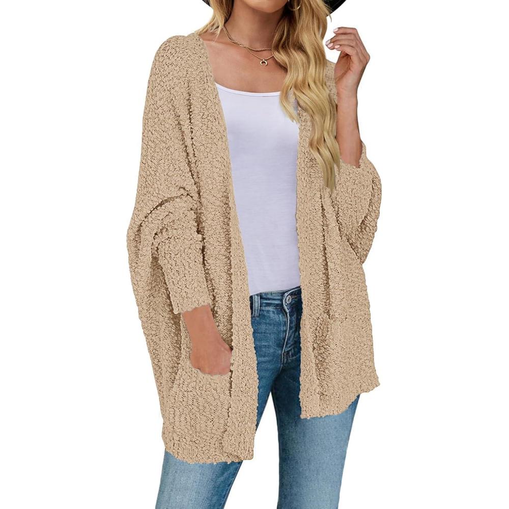 imageMEROKEETY Womens 2026 Winter Fuzzy Popcorn Batwing Sleeve Cardigan Knit Oversized Sherpa Sweater CoatSand