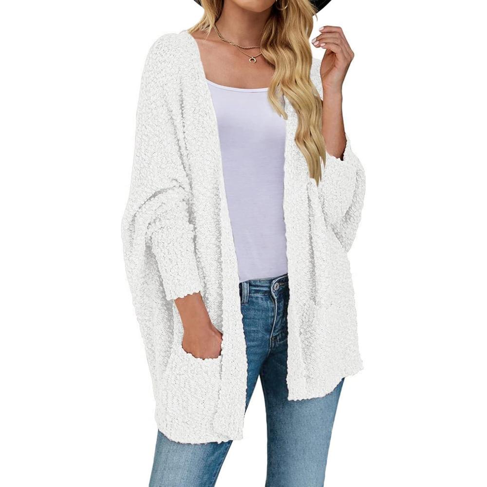 imageMEROKEETY Womens 2026 Winter Fuzzy Popcorn Batwing Sleeve Cardigan Knit Oversized Sherpa Sweater CoatWhite