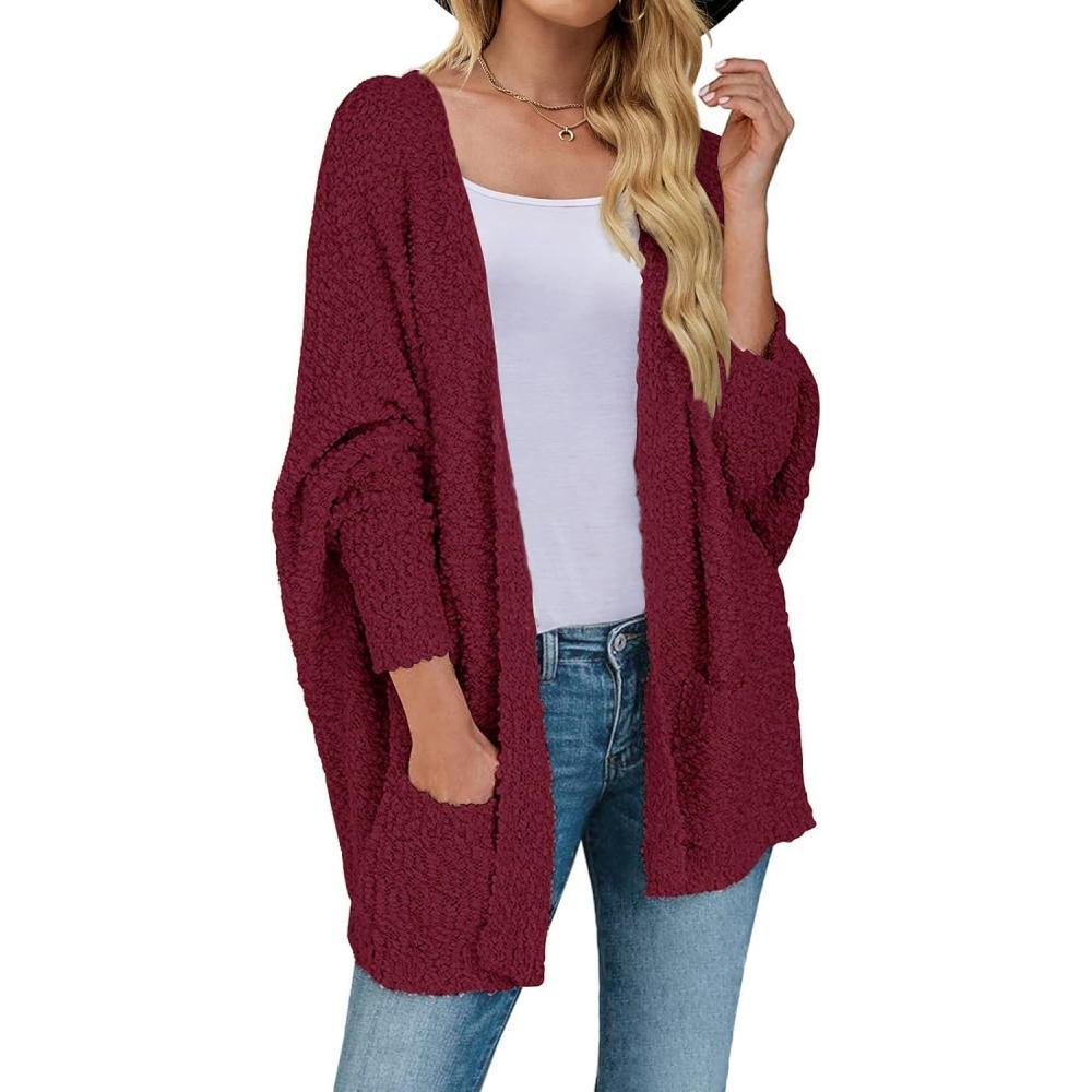 imageMEROKEETY Womens 2026 Winter Fuzzy Popcorn Batwing Sleeve Cardigan Knit Oversized Sherpa Sweater CoatWine