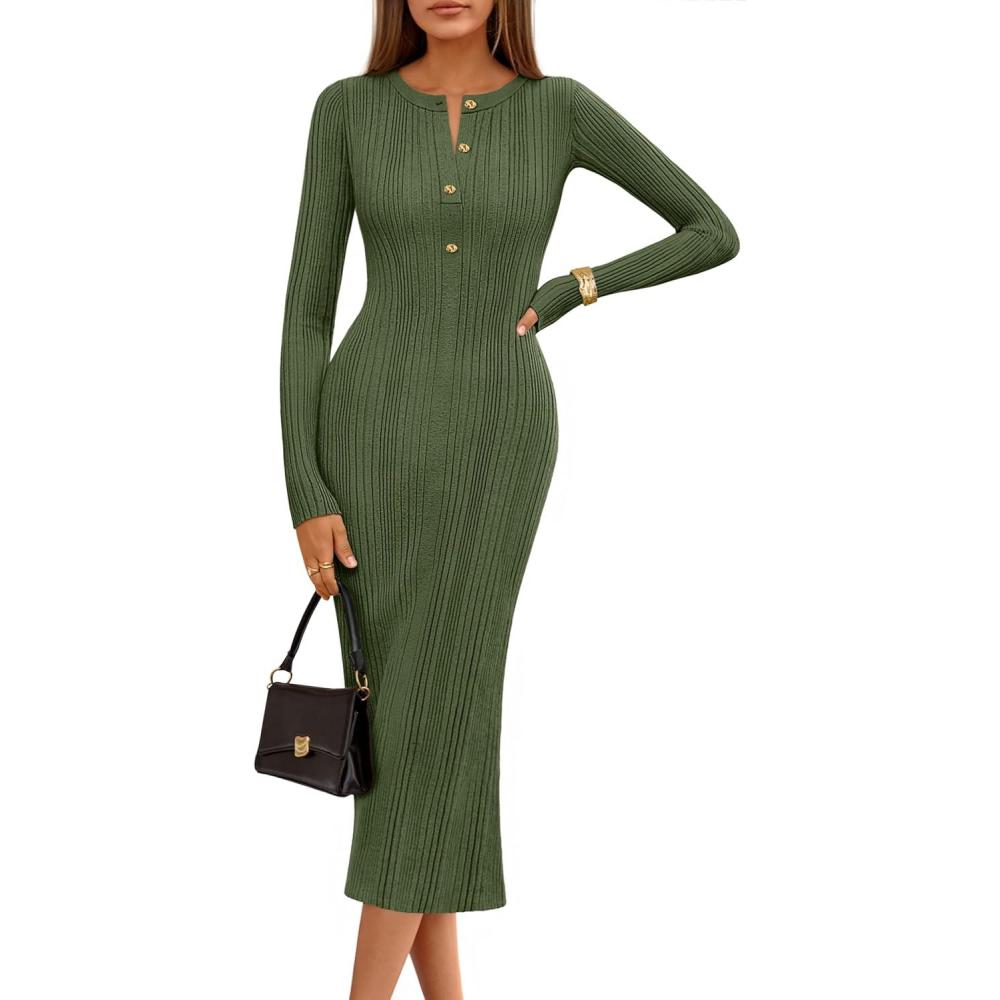 imageMEROKEETY Womens Bodycon Sweater Dress 2025 Fall Winter Long Sleeve Button Crew Neck Ribbed Knit Midi Work DressesArmygreen