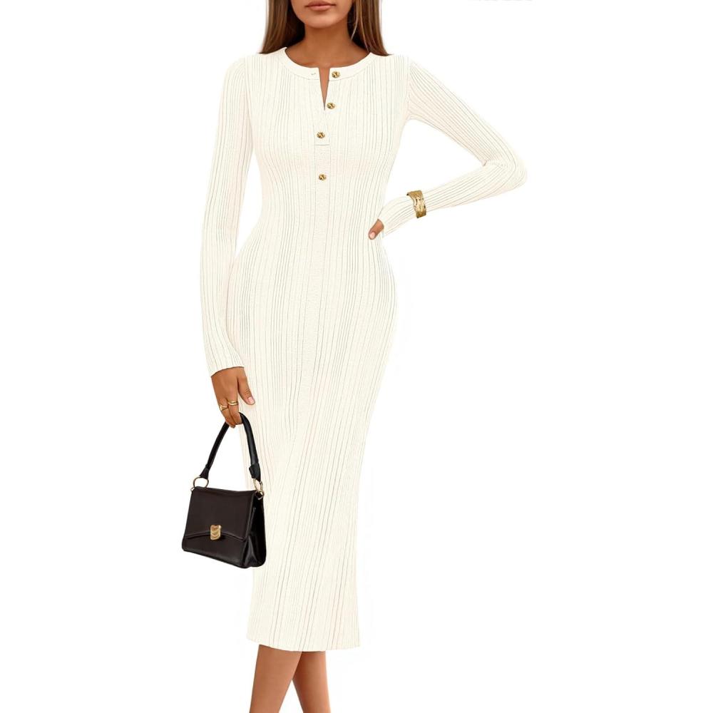 imageMEROKEETY Womens Bodycon Sweater Dress 2025 Fall Winter Long Sleeve Button Crew Neck Ribbed Knit Midi Work DressesBeige
