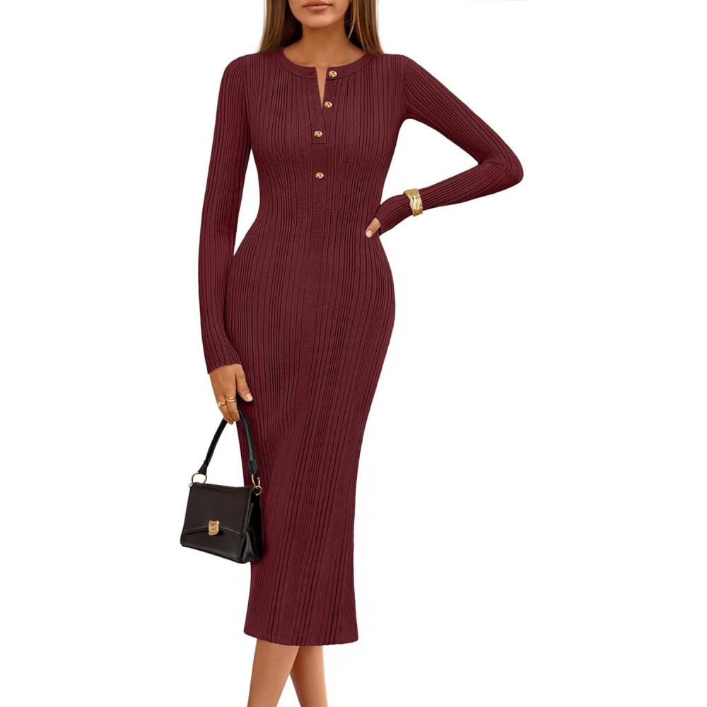 imageMEROKEETY Womens Bodycon Sweater Dress 2025 Fall Winter Long Sleeve Button Crew Neck Ribbed Knit Midi Work DressesWinered