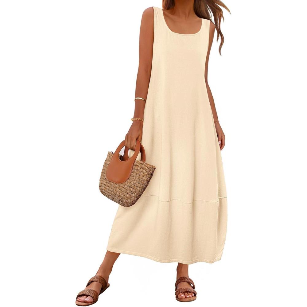 imageMEROKEETY Womens Boho Maxi Sundress 2026 Summer Beach Dress Scoop Neck Sleeveless Loose Tank DressApricot