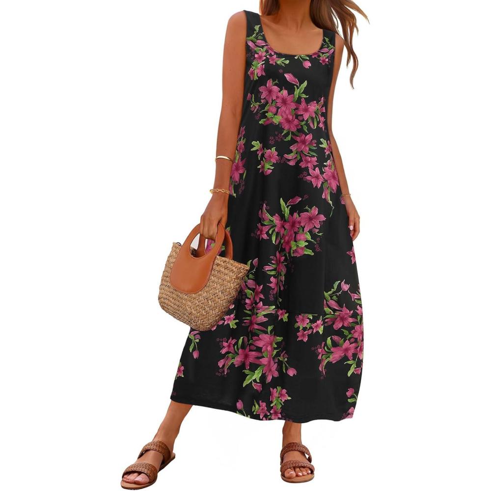imageMEROKEETY Womens Boho Maxi Sundress 2026 Summer Beach Dress Scoop Neck Sleeveless Loose Tank DressBlackrose