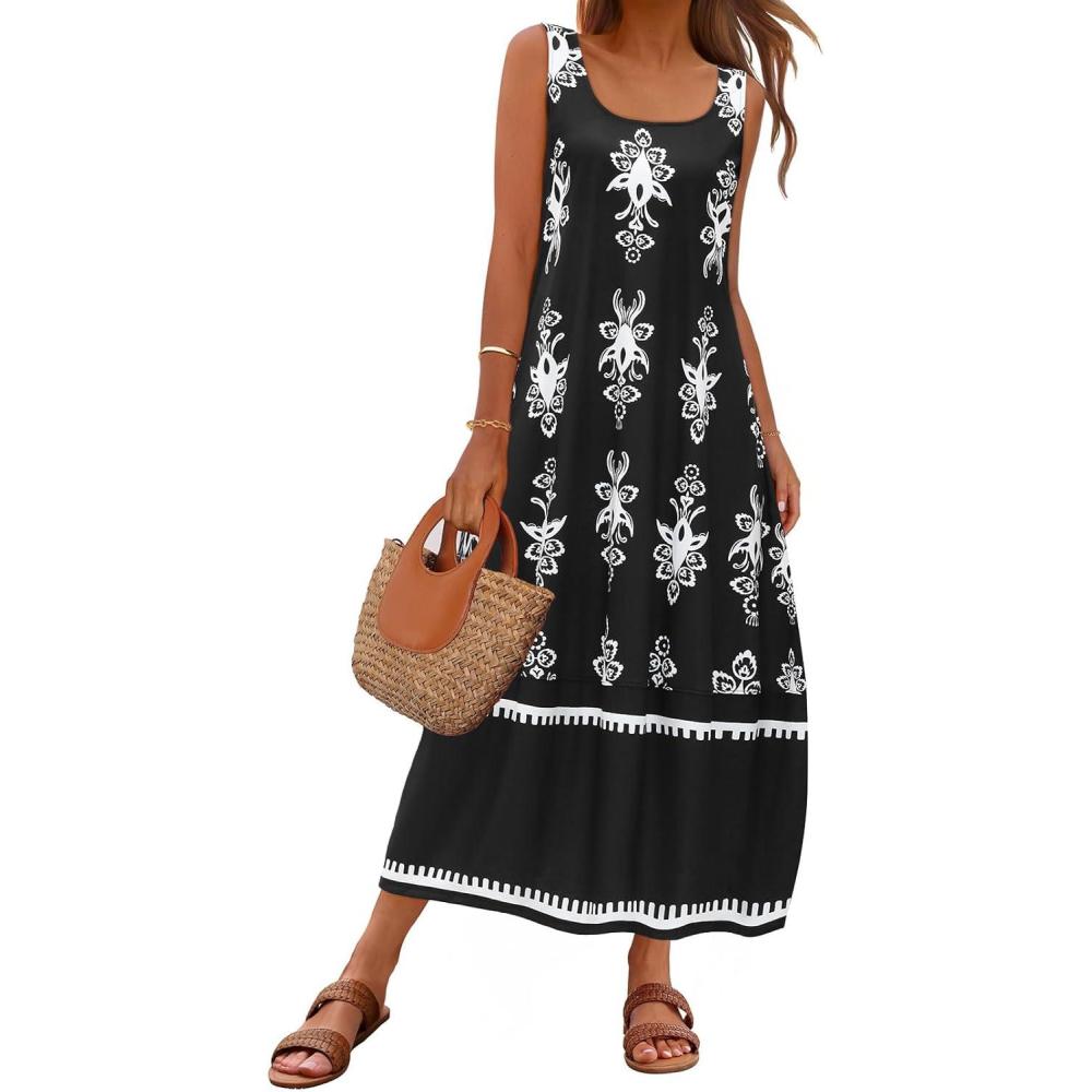 imageMEROKEETY Womens Boho Maxi Sundress 2026 Summer Beach Dress Scoop Neck Sleeveless Loose Tank DressBlackwhite