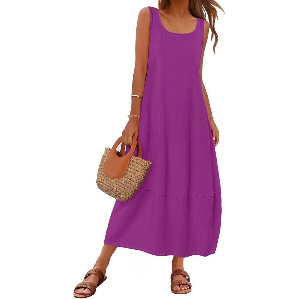 imageMEROKEETY Womens Boho Maxi Sundress 2026 Summer Beach Dress Scoop Neck Sleeveless Loose Tank DressPlum