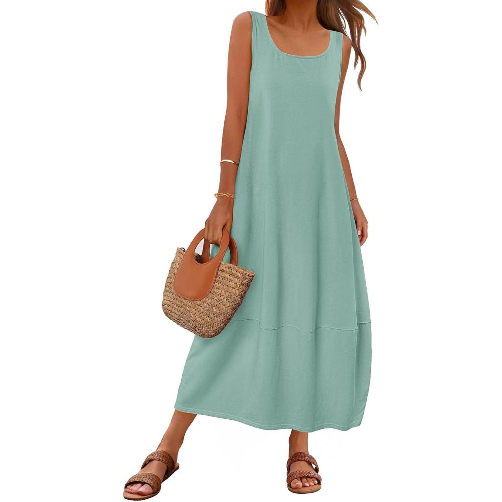 imageMEROKEETY Womens Boho Maxi Sundress 2026 Summer Beach Dress Scoop Neck Sleeveless Loose Tank DressSage