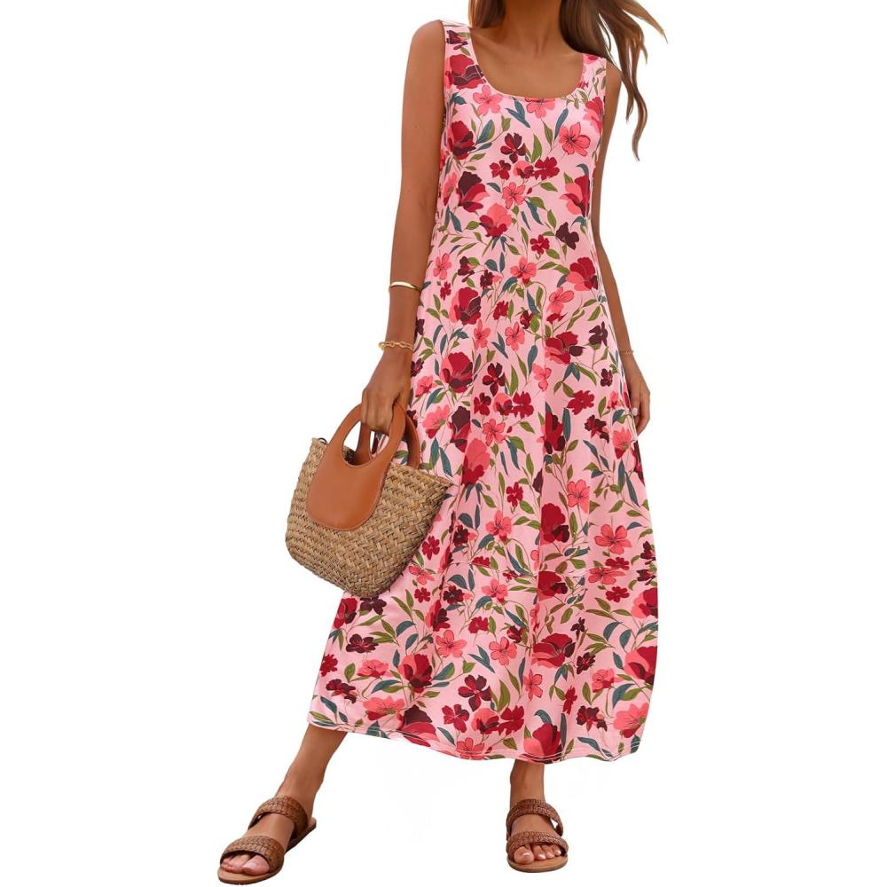 imageMEROKEETY Womens Boho Maxi Sundress 2026 Summer Beach Dress Scoop Neck Sleeveless Loose Tank DressVintagepink