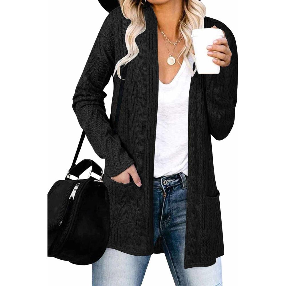 imageMEROKEETY Womens Casual Long Sleeve Open Front Cable Knit Cardigans Lightweight Solid Color with PocketsBlack
