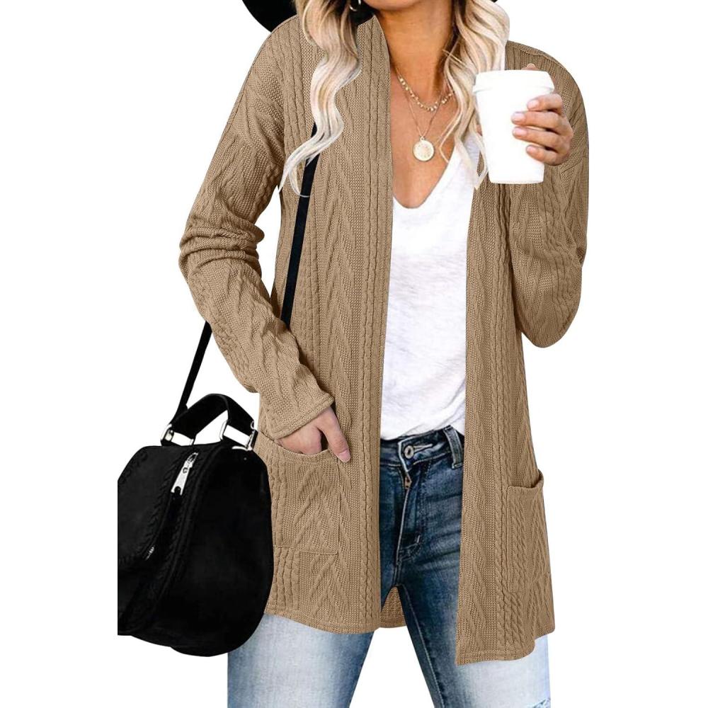 imageMEROKEETY Womens Casual Long Sleeve Open Front Cable Knit Cardigans Lightweight Solid Color with PocketsKhaki