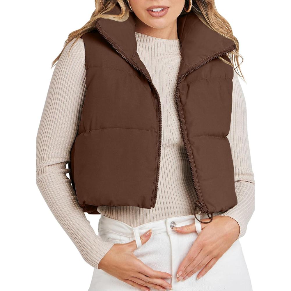 imageMEROKEETY Womens Crop Puffer Vest Lightweight Stand Collar Sleeveless Zip Up Padded Gilet CoatCoffee