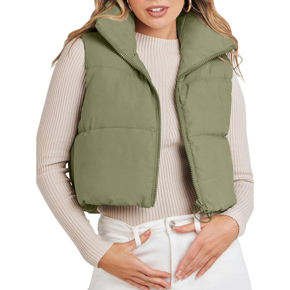 imageMEROKEETY Womens Crop Puffer Vest Lightweight Stand Collar Sleeveless Zip Up Padded Gilet CoatPea Green