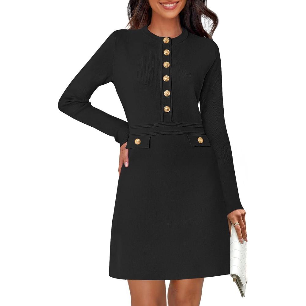 imageMEROKEETY Womens Fall 2026 Long Sleeve Bodycon Sweater Dress Button Crew Neck Winter Formal Mini DressesBlack