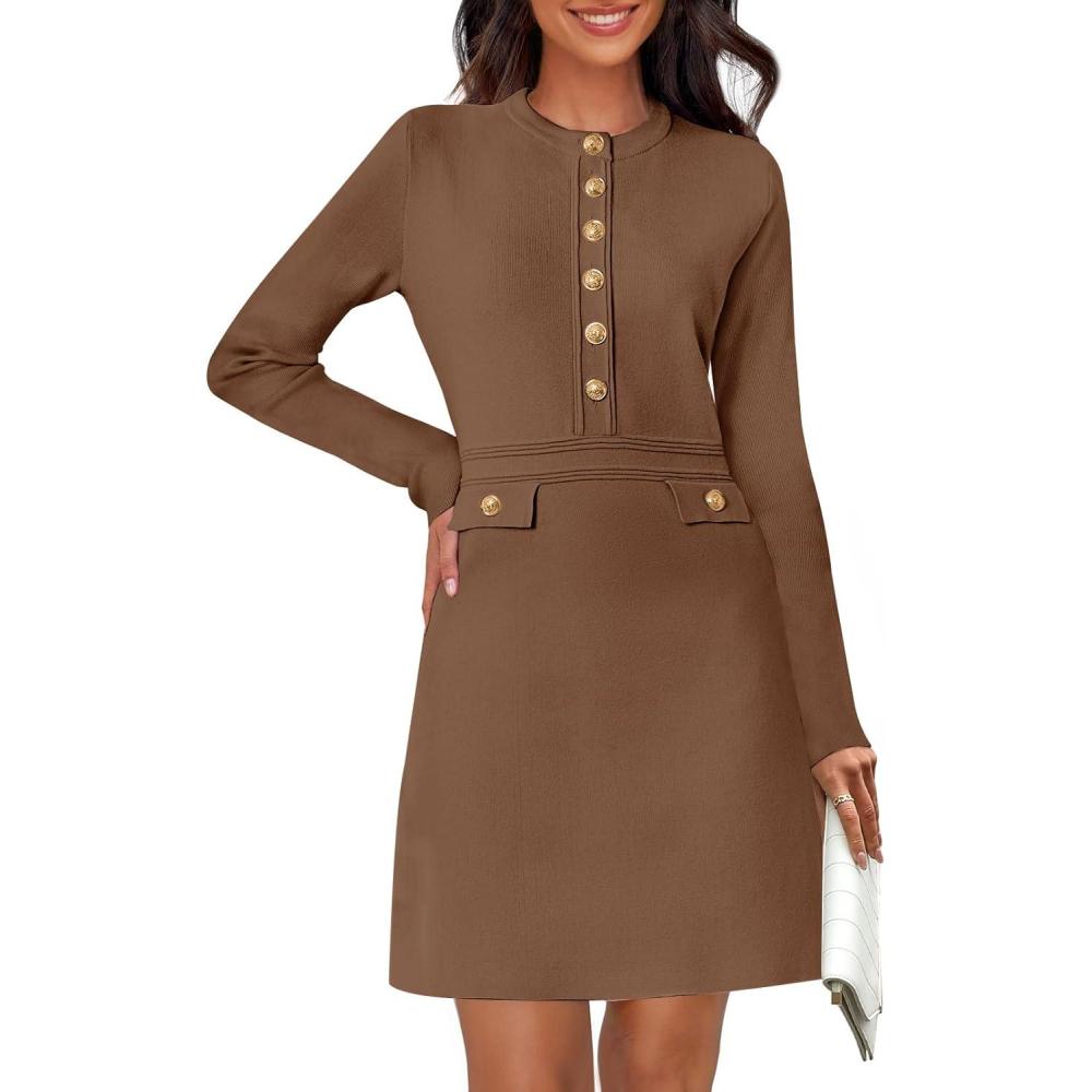 imageMEROKEETY Womens Fall 2026 Long Sleeve Bodycon Sweater Dress Button Crew Neck Winter Formal Mini DressesCoffee