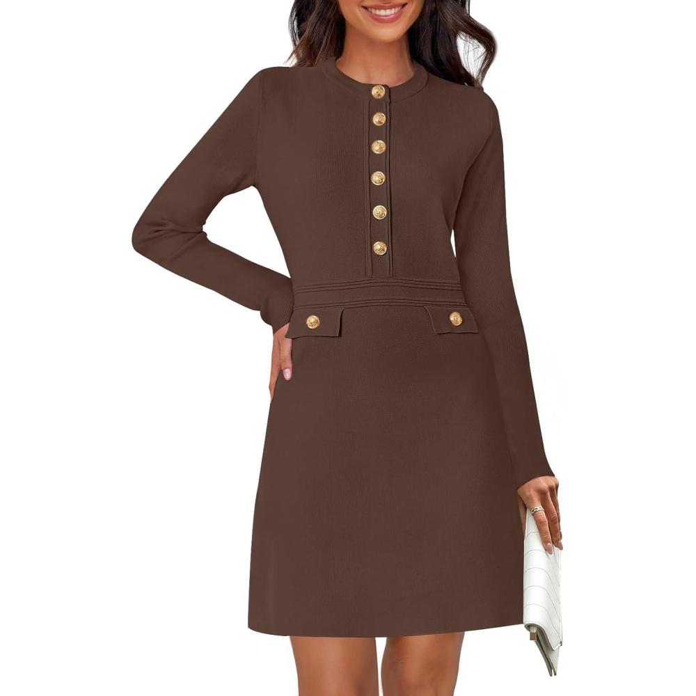 imageMEROKEETY Womens Fall 2026 Long Sleeve Bodycon Sweater Dress Button Crew Neck Winter Formal Mini DressesDark Coffee