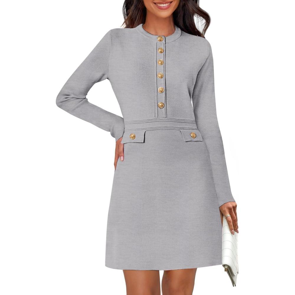 imageMEROKEETY Womens Fall 2026 Long Sleeve Bodycon Sweater Dress Button Crew Neck Winter Formal Mini DressesLightgrey