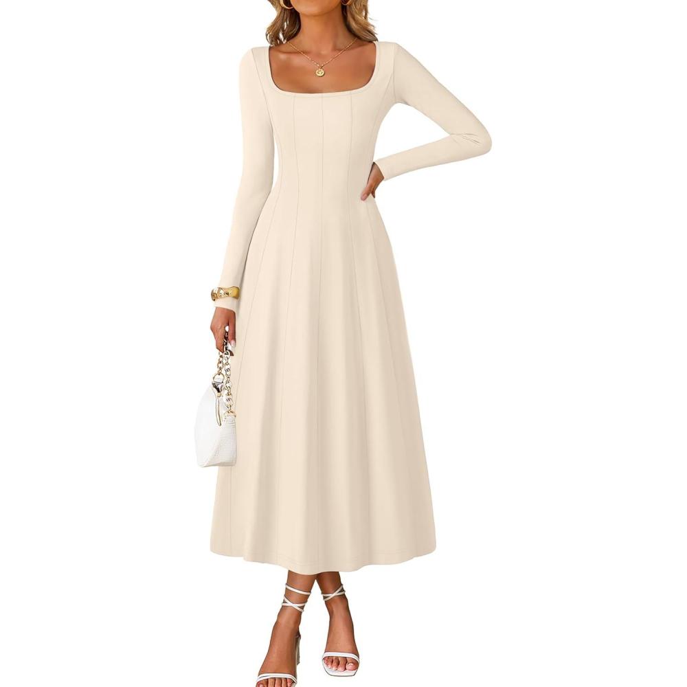 imageMEROKEETY Womens Fall Dresses 2025 Long Sleeve Square Neck Elegant Classy Winter Cocktail Wedding Guest Midi DressApricot