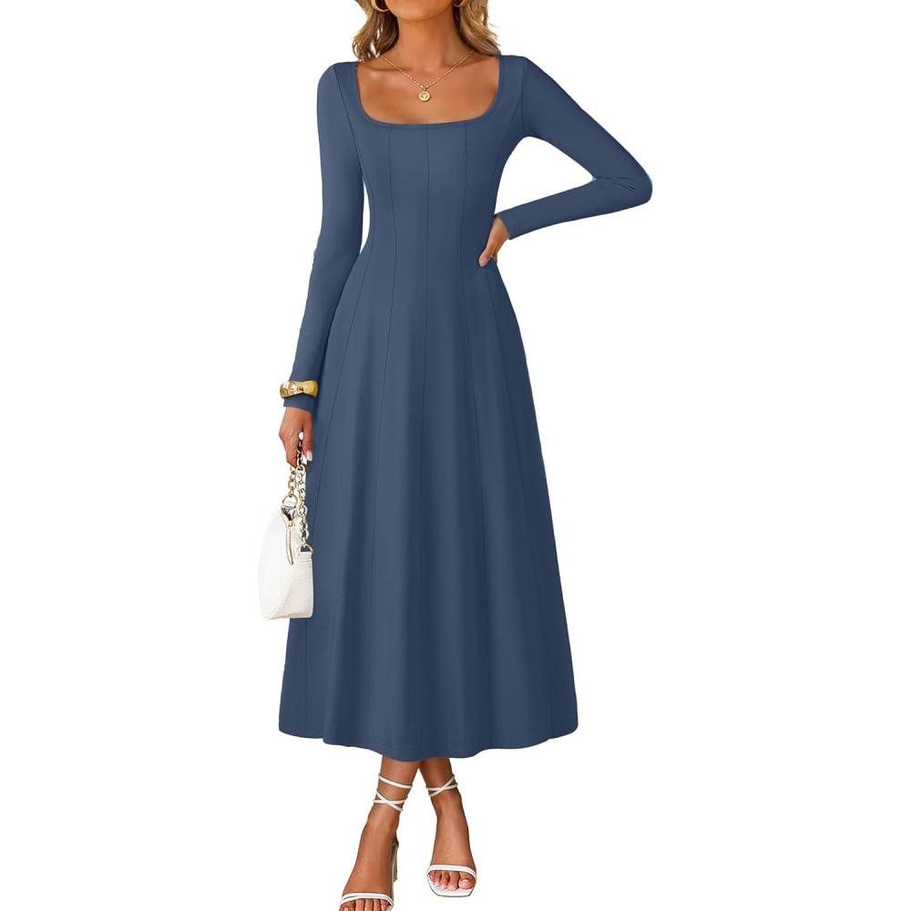 imageMEROKEETY Womens Fall Dresses 2025 Long Sleeve Square Neck Elegant Classy Winter Cocktail Wedding Guest Midi DressNavy