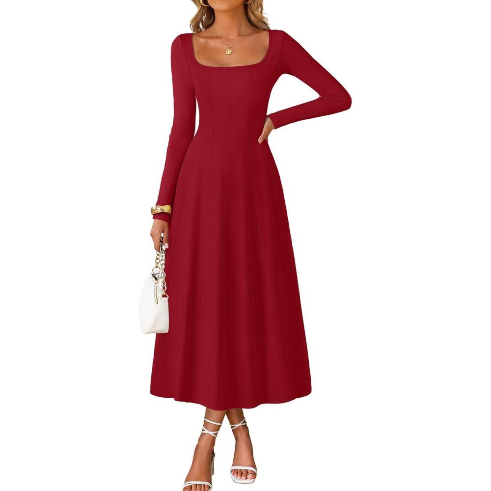imageMEROKEETY Womens Fall Dresses 2025 Long Sleeve Square Neck Elegant Classy Winter Cocktail Wedding Guest Midi DressWinered