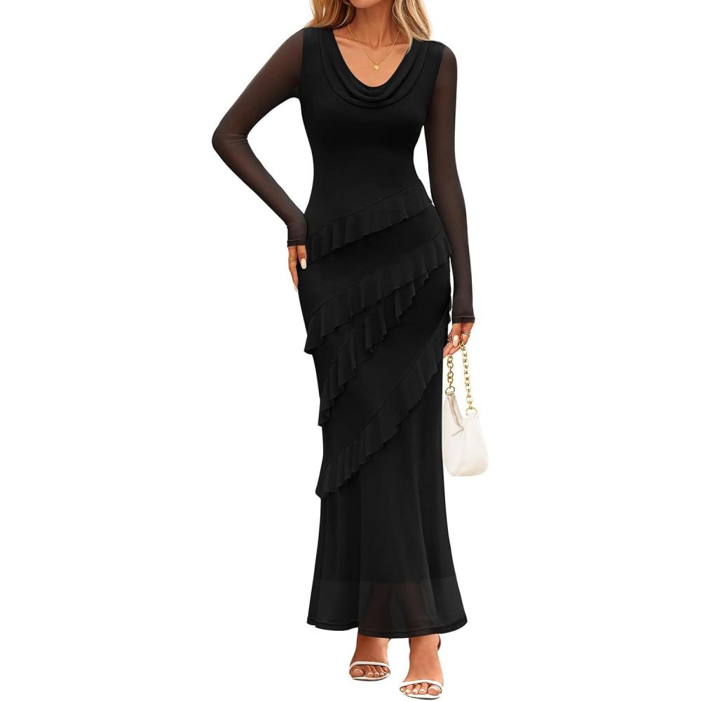 imageMEROKEETY Womens Fall Floral Long Sleeve Maxi Dress 2026 Cowl Neck Wedding Guest Ruffle Mesh Cocktail Bodycon Formal DressesBlack