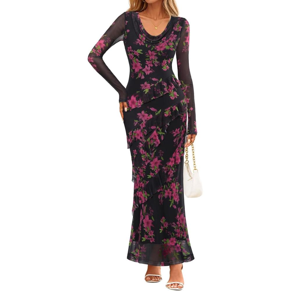 imageMEROKEETY Womens Fall Floral Long Sleeve Maxi Dress 2026 Cowl Neck Wedding Guest Ruffle Mesh Cocktail Bodycon Formal DressesFloral Black