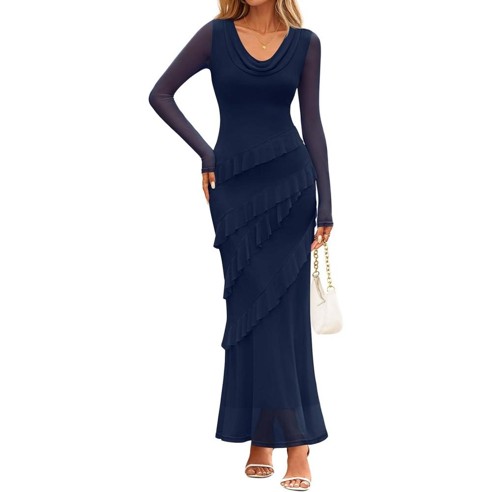 imageMEROKEETY Womens Fall Floral Long Sleeve Maxi Dress 2026 Cowl Neck Wedding Guest Ruffle Mesh Cocktail Bodycon Formal DressesNavy