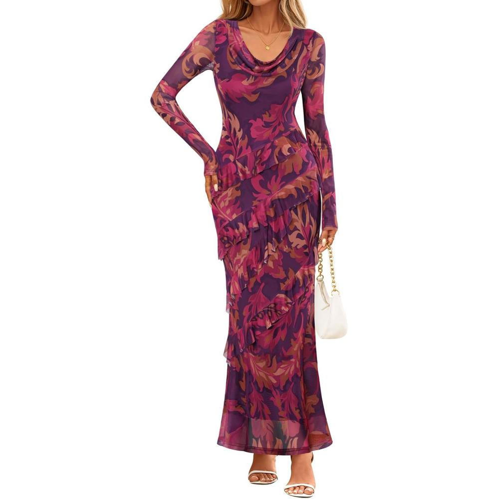 imageMEROKEETY Womens Fall Floral Long Sleeve Maxi Dress 2026 Cowl Neck Wedding Guest Ruffle Mesh Cocktail Bodycon Formal DressesPurple