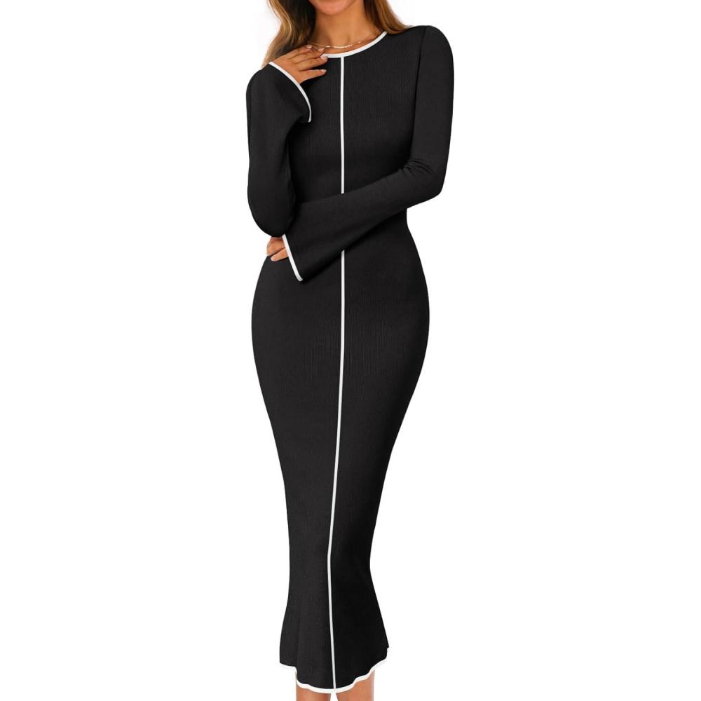 imageMEROKEETY Womens Fall Long Bell Sleeve Sweater Dress 2025 Elegant Bodycon Color Block Knit Midi Maxi DressesBlack