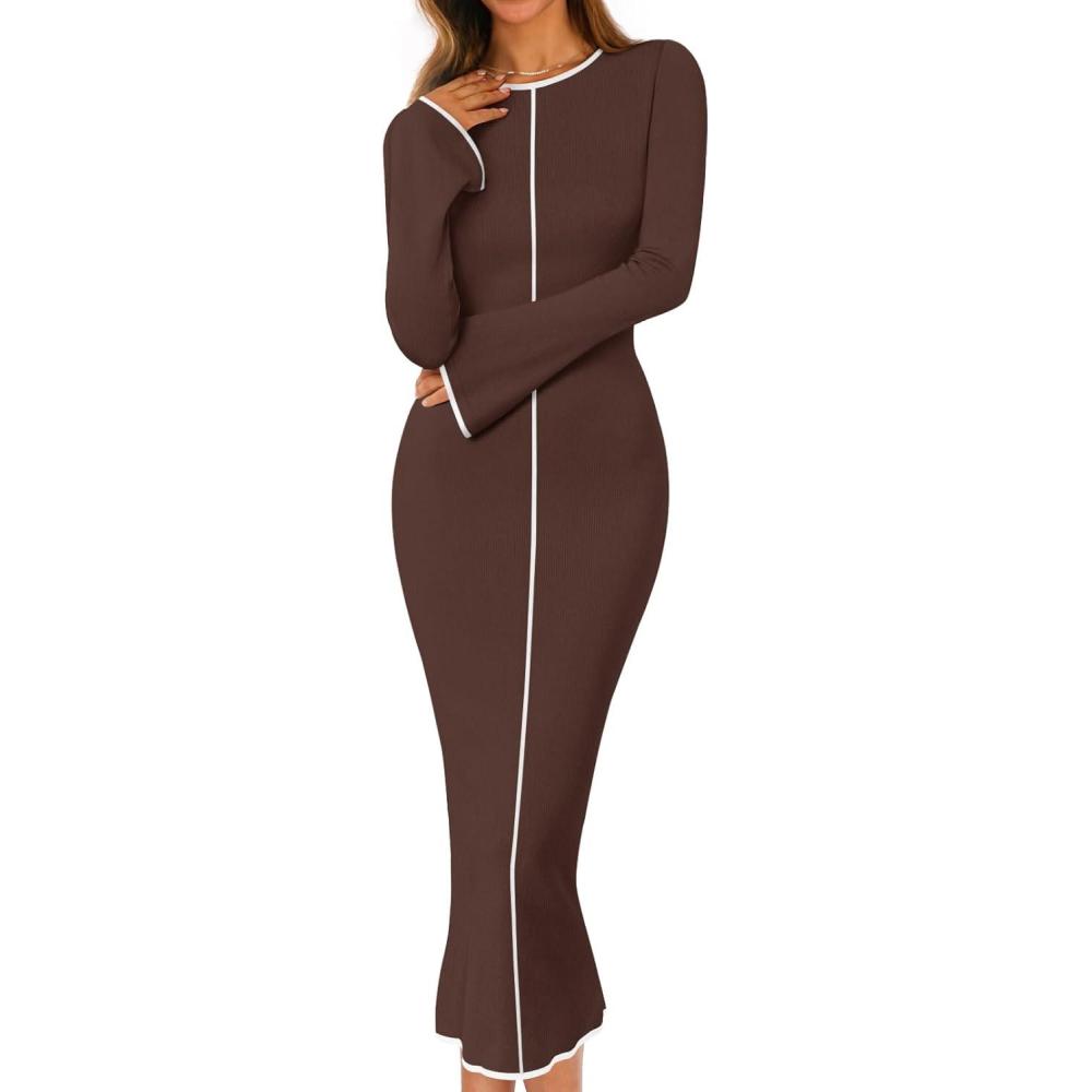imageMEROKEETY Womens Fall Long Bell Sleeve Sweater Dress 2025 Elegant Bodycon Color Block Knit Midi Maxi DressesBrown