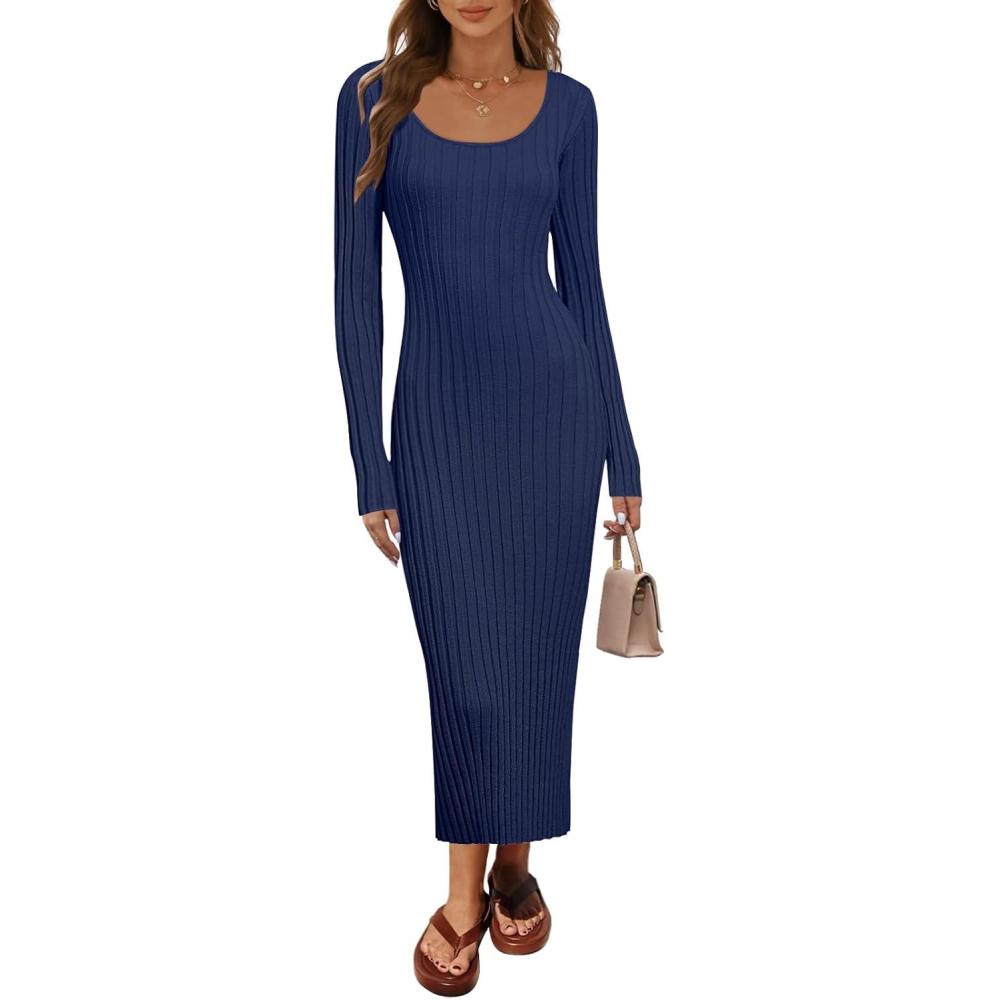 imageMEROKEETY Womens Fall Long Sleeve Sweater Dress Casual Ribbed Knit Slim Fit Bodycon Maxi DressesNavy